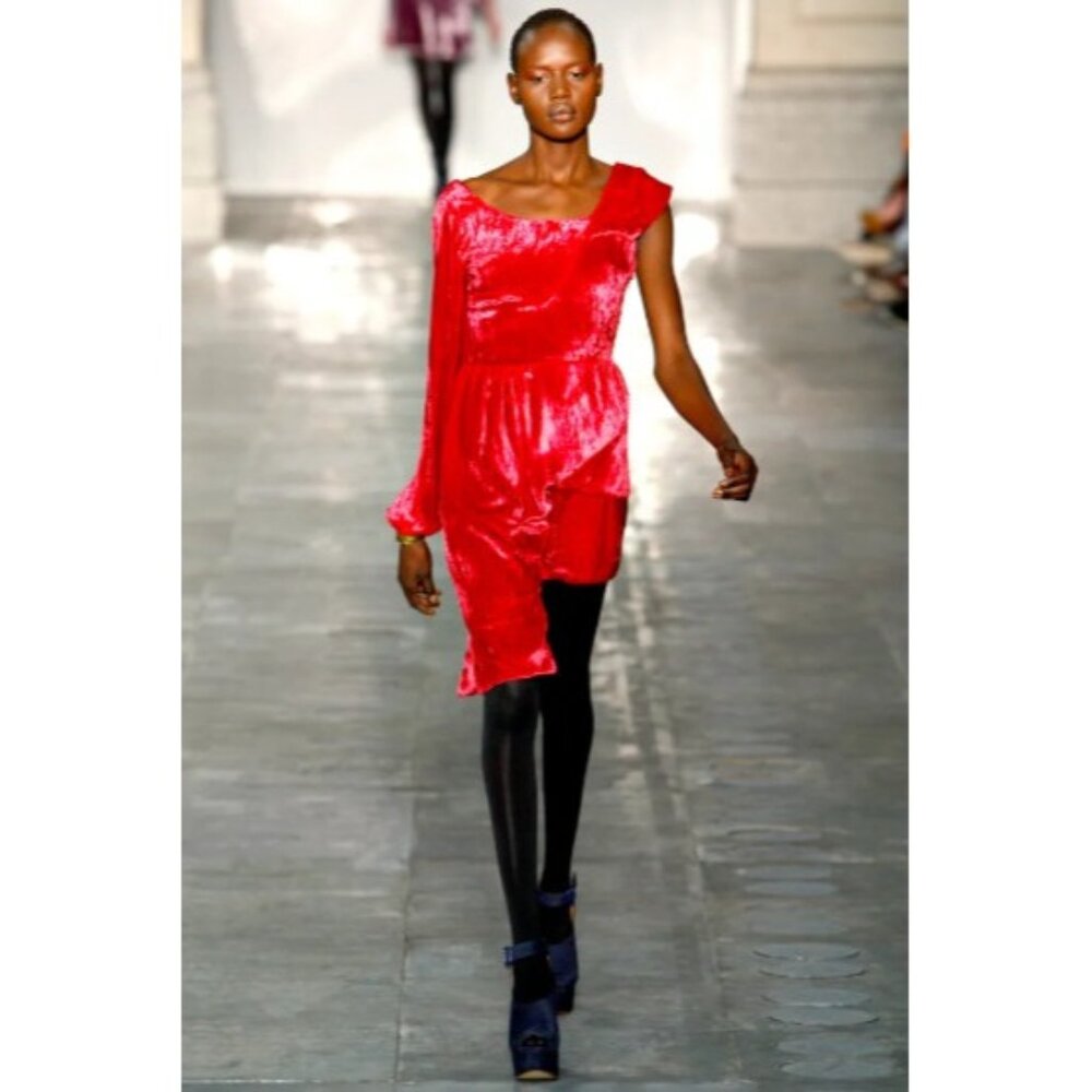 Michael Van Der Ham Red Velvet One Sleeve Mini Holiday Dress, Size 6 US | 10 UK